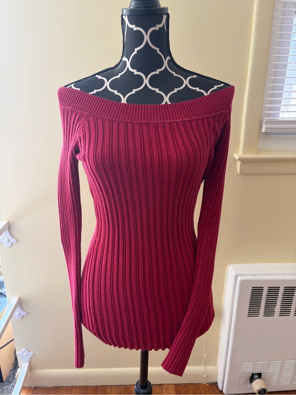 It's Our Time Reddish Pink Scoop Neck Off the Shoulder Sparkly Ribbed Sweater
